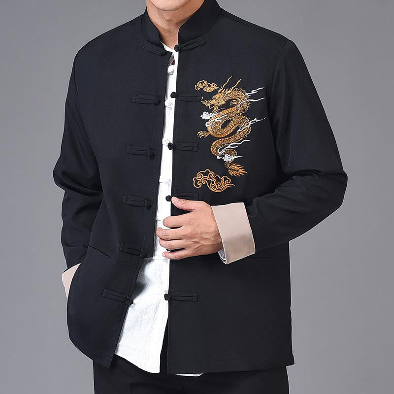 Buddha Stones, Drachen-Stickerei, Frosch-Knopf, Polyester, Herrenjacke, Hemd, Kleidung mit Taschen - Schwarz - US/ UK/AU44，EU54 (4XL) - image 0