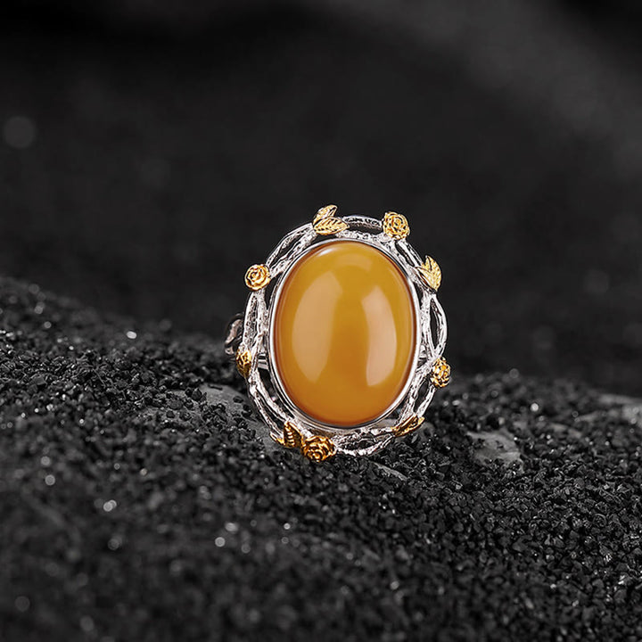 Buddha Stones 990 Sterling Silber vergoldet Gold Bernstein Fokus verstellbarer Ring - image 2
