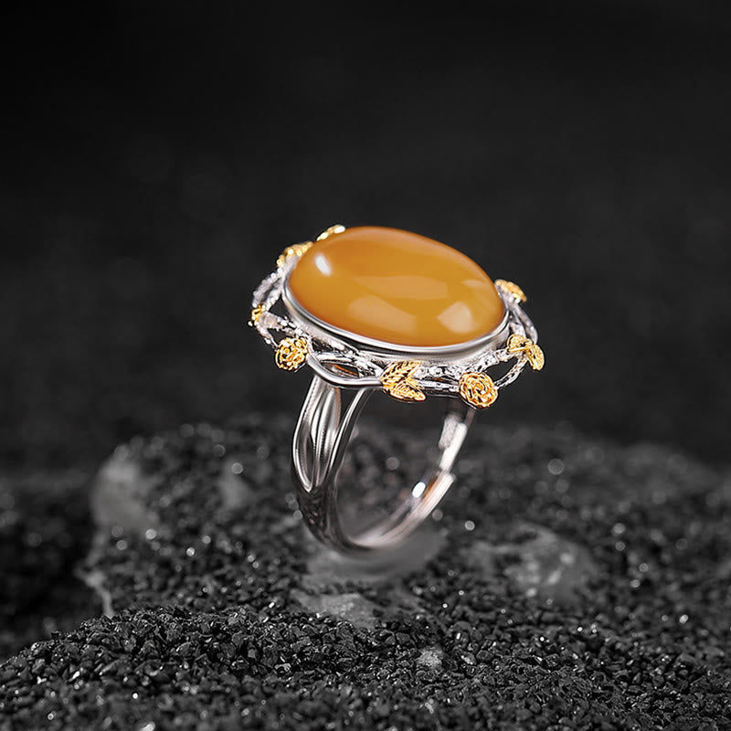 Buddha Stones 990 Sterling Silber vergoldet Gold Bernstein Fokus verstellbarer Ring - image 1