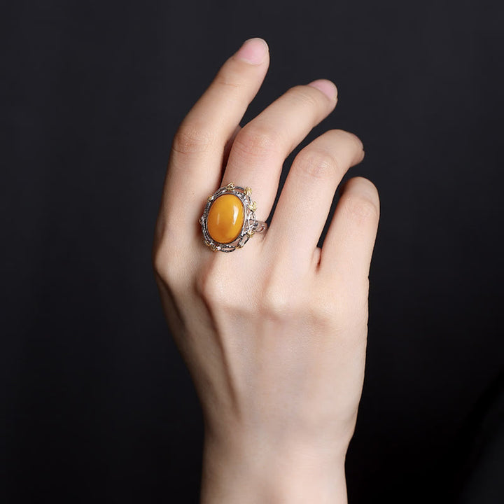 Buddha Stones 990 Sterling Silber vergoldet Gold Bernstein Fokus verstellbarer Ring - image 3