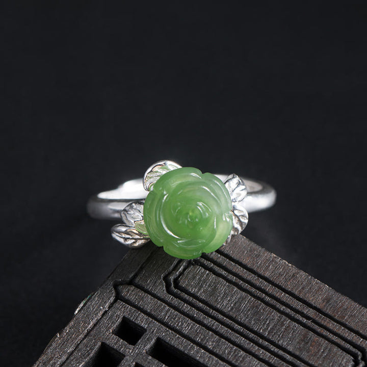 Buddha Stones 925 Sterling Silber Jade Grüne Rose Glück Verstellbarer Ring