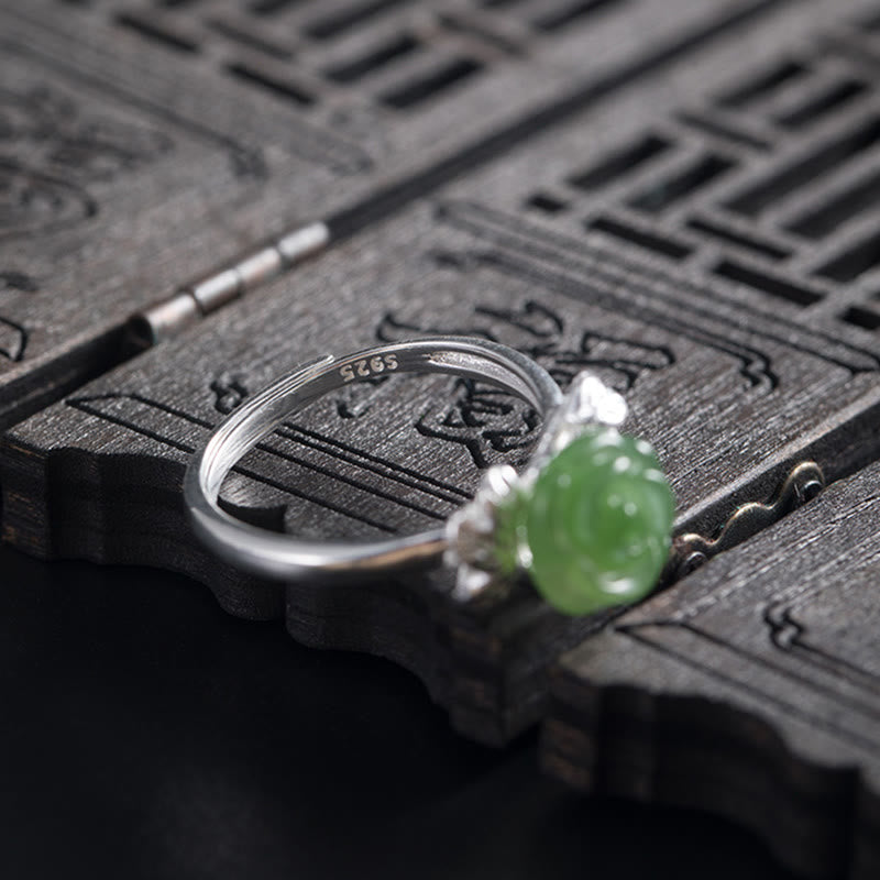 Buddha Stones 925 Sterling Silber Jade Grüne Rose Glück Verstellbarer Ring