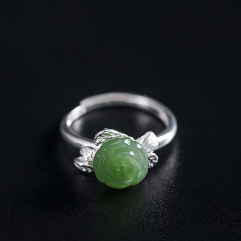 Buddha Stones 925 Sterling Silber Jade Grüne Rose Glück Verstellbarer Ring