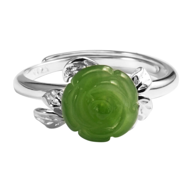 Buddha Stones 925 Sterling Silber Jade Grüne Rose Glück Verstellbarer Ring