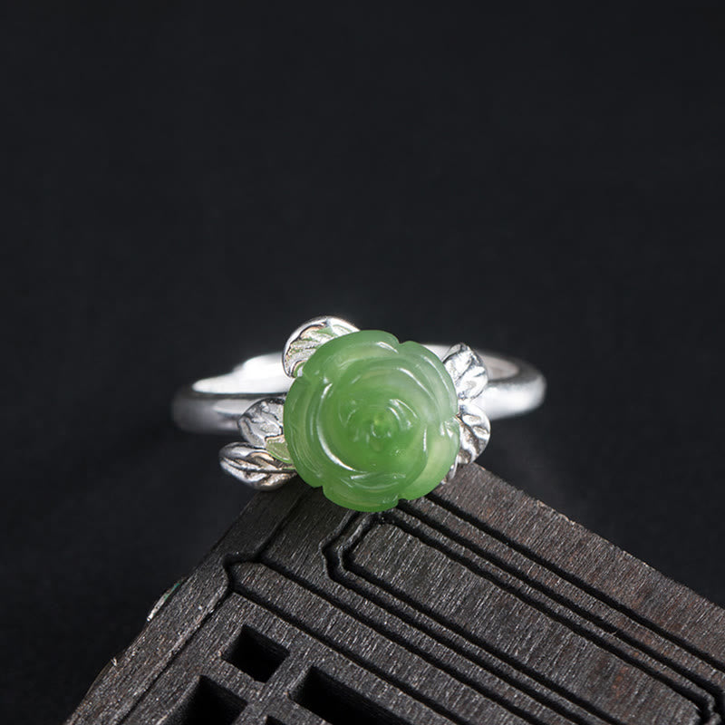 Buddha Stones 925 Sterling Silber Jade Grüne Rose Glück Verstellbarer Ring - Jade Rose (Umfang: 56-59 mm) - image 0
