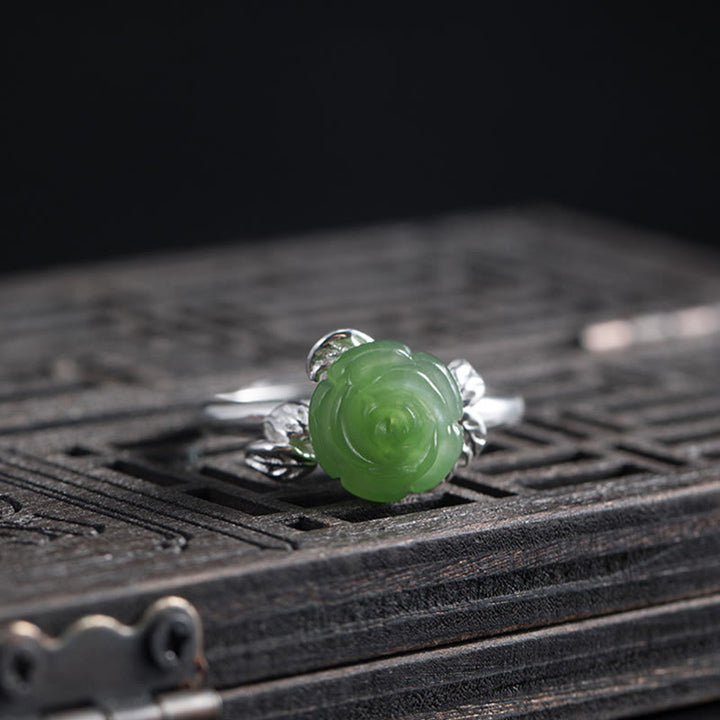 Buddha Stones 925 Sterling Silber Jade Grüne Rose Glück Verstellbarer Ring