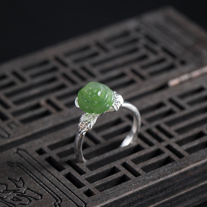 Buddha Stones 925 Sterling Silber Jade Grüne Rose Glück Verstellbarer Ring