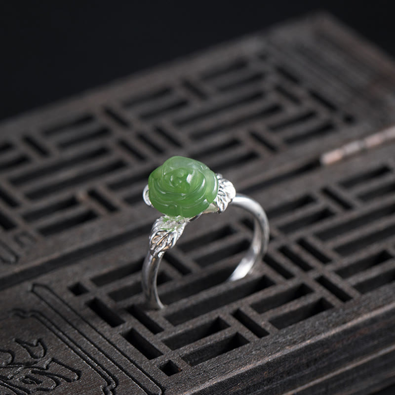 Buddha Stones 925 Sterling Silber Jade Grüne Rose Glück Verstellbarer Ring - image 3