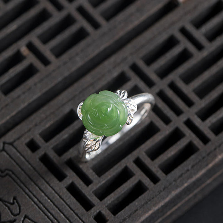 Buddha Stones 925 Sterling Silber Jade Grüne Rose Glück Verstellbarer Ring