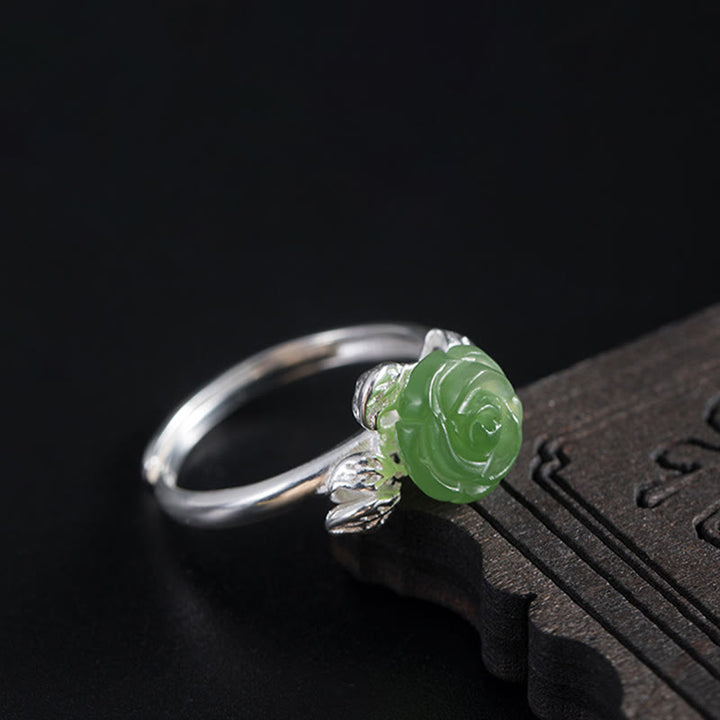 Buddha Stones 925 Sterling Silber Jade Grüne Rose Glück Verstellbarer Ring