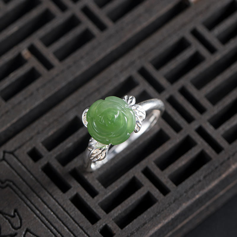 Buddha Stones 925 Sterling Silber Jade Grüne Rose Glück Verstellbarer Ring - image 8