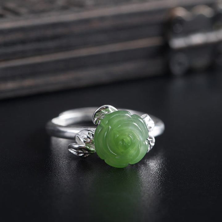 Buddha Stones 925 Sterling Silber Jade Grüne Rose Glück Verstellbarer Ring