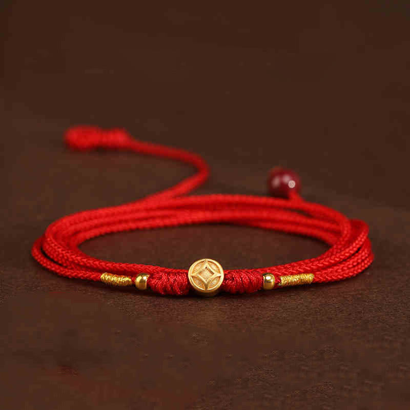 Bauchkette mit Buddha-Stein, 999er-Gold, rote Schnur - Münzglücksperlenform - image 17