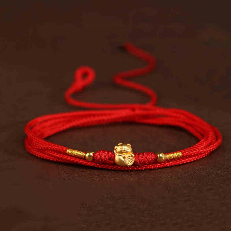 Bauchkette mit Buddha-Stein, 999er-Gold, rote Schnur