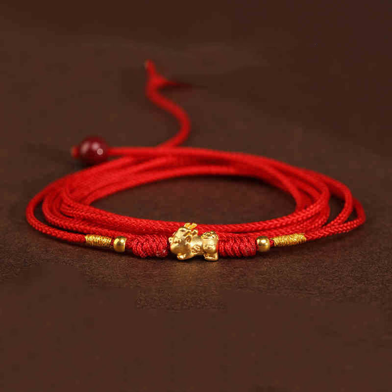 Bauchkette mit Buddha-Stein, 999er-Gold, rote Schnur - Pixiu Glücksperlen Form - image 19
