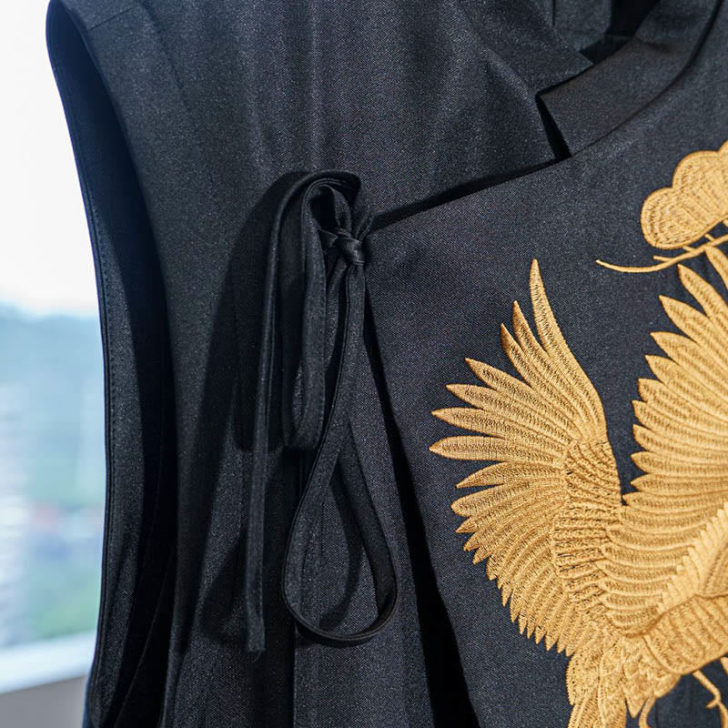 Buddha Stones ​​Vintage Stickerei Goldene Kranich Wolke Muster Weste - image 1