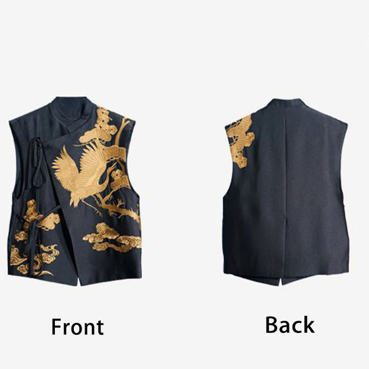 Buddha Stones ​​Vintage Stickerei Goldene Kranich Wolke Muster Weste - image 4