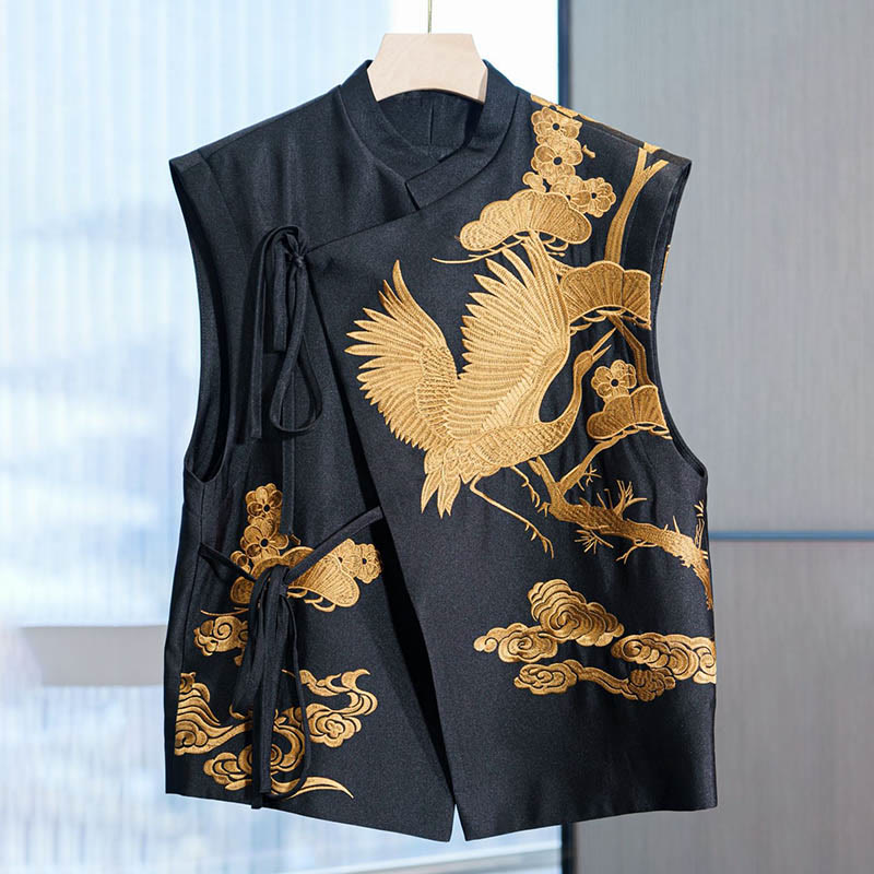 Buddha Stones ​​Vintage Stickerei Goldene Kranich Wolke Muster Weste - Golden - US12， UK/AU16，EU44 (3XL) - image 0