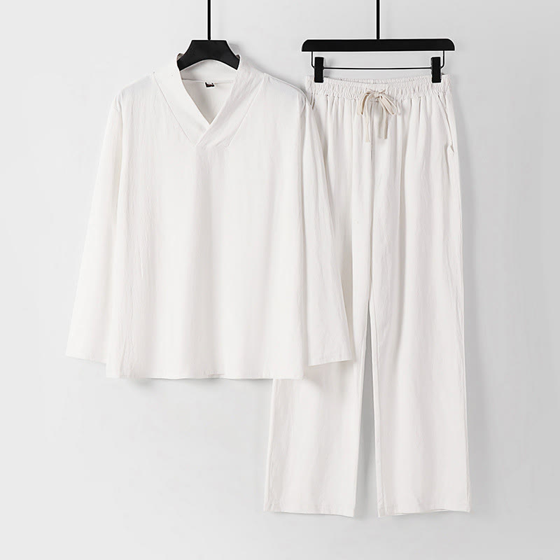 Buddha Stones Kreuzkragen Baumwolle Tang Anzug Hanfu Top Hose Kleidung Herren Set - Weiß - US/ UK/AU54, EU64 (9XL) - image 16