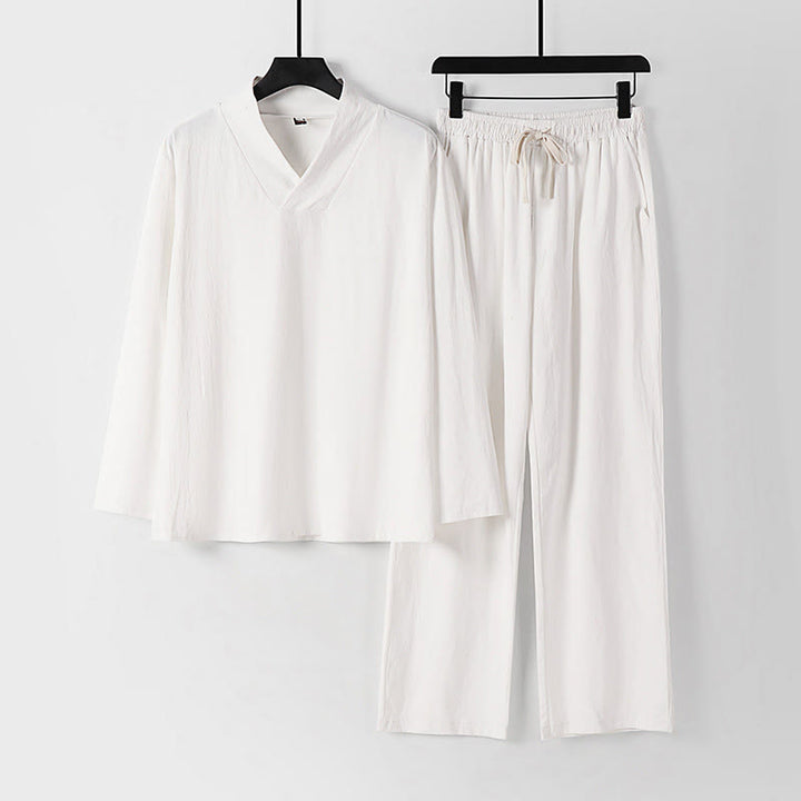 Buddha Stones Kreuzkragen Baumwolle Tang Anzug Hanfu Top Hose Kleidung Herren Set - Weiß - US/ UK/AU54, EU64 (9XL) - image 16