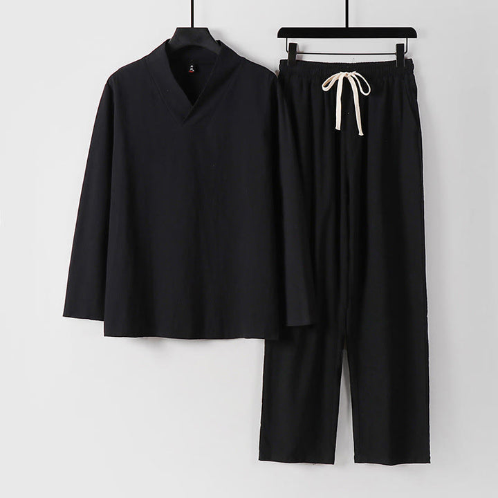 Buddha Stones Kreuzkragen Baumwolle Tang Anzug Hanfu Top Hose Kleidung Herren Set - Schwarz - US/ UK/AU54, EU64 (9XL) - image 3