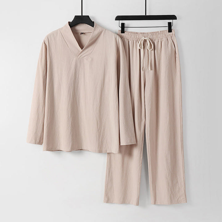 Buddha Stones Kreuzkragen Baumwolle Tang Anzug Hanfu Top Hose Kleidung Herren Set - Bisque - US/ UK/AU54，EU64 (9XL) - image 10