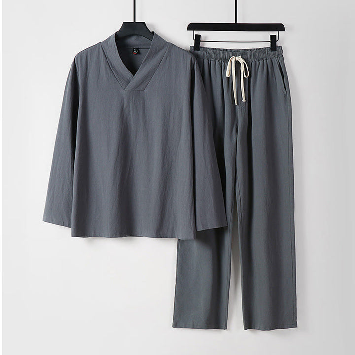 Buddha Stones Kreuzkragen Baumwolle Tang Anzug Hanfu Top Hose Kleidung Herren Set - Grau - US/ UK/AU54，EU64 (9XL) - image 0