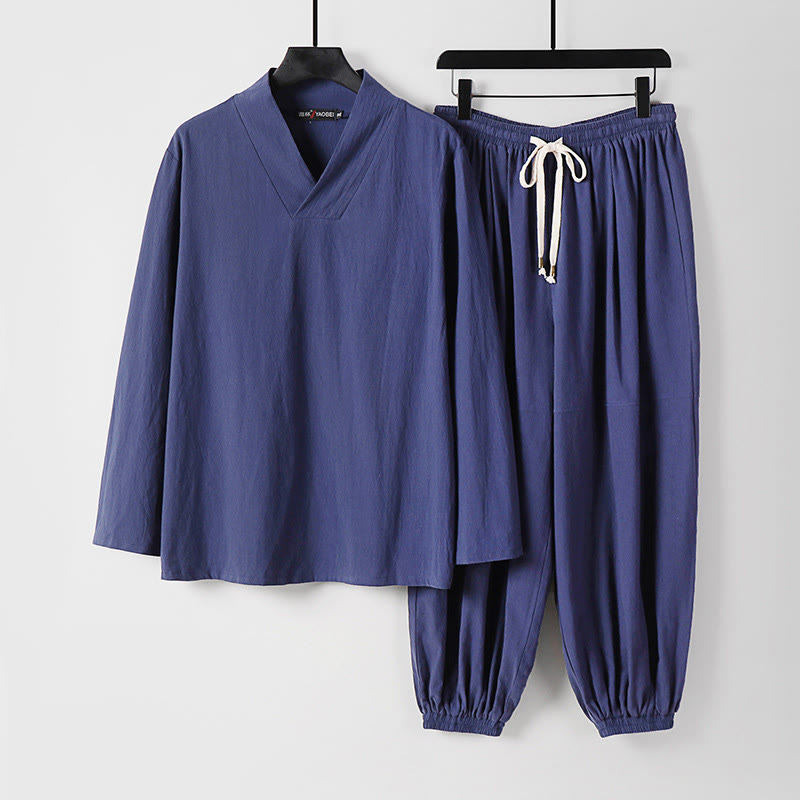 Buddha Stones Kreuzkragen Kurze Pumphose Baumwolle Tang-Anzug Hanfu Oberteil Hose Kleidung Herren Set - Dunkelschieferblau - US/UK/AU54, EU64 (9XL) - image 19