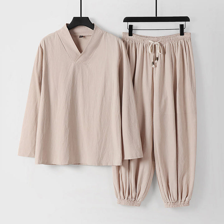 Buddha Stones Kreuzkragen Kurze Pumphose Baumwolle Tang-Anzug Hanfu Oberteil Hose Kleidung Herren Set - Biskuit - US/ UK/AU54, EU64 (9XL) - image 0