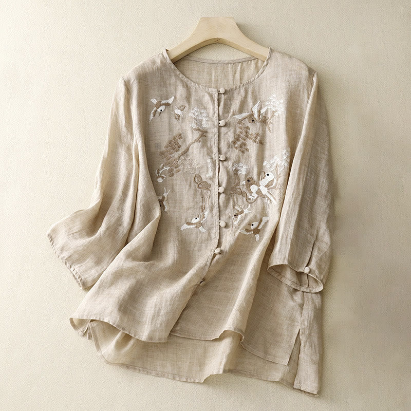 Buddha Stones Rundhals Casual Bluse Stickerei Langarmshirt Baumwolle Leinen Top Damen Shirts - Bräunen - US/ UK/AU40，EU50 (2XL) - image 6