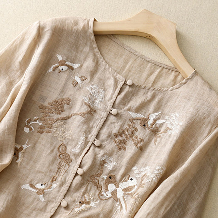 Buddha Stones Rundhals Casual Bluse Stickerei Langarmshirt Baumwolle Leinen Top Damen Shirts - image 8