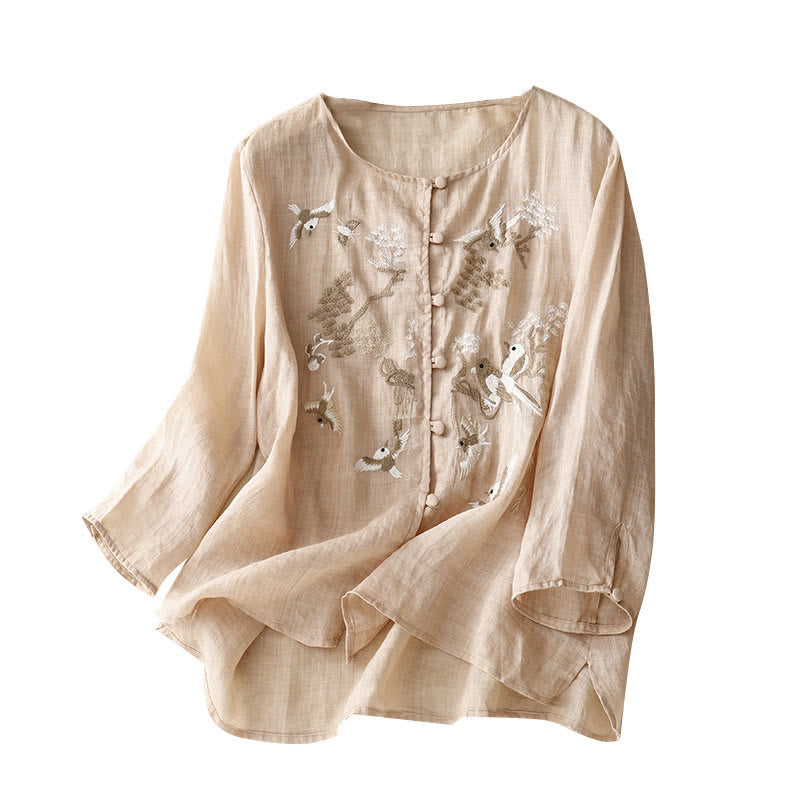Buddha Stones Rundhals Casual Bluse Stickerei Langarmshirt Baumwolle Leinen Top Damen Shirts - image 19