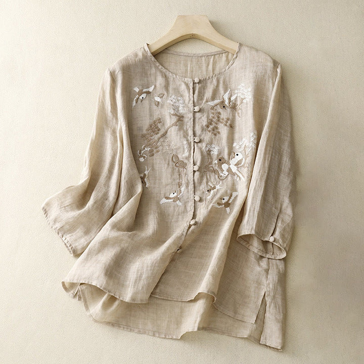 Buddha Stones Rundhals Casual Bluse Stickerei Langarmshirt Baumwolle Leinen Top Damen Shirts - Bräunen - US/ UK/AU40, EU50 (2XL) - image 6