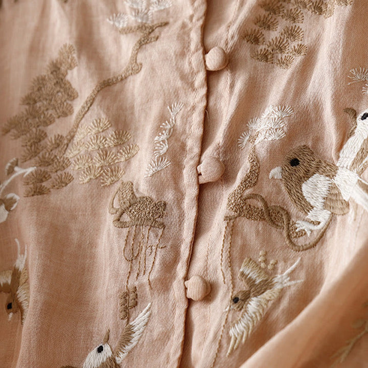 Buddha Stones Rundhals Casual Bluse Stickerei Langarmshirt Baumwolle Leinen Top Damen Shirts - image 1