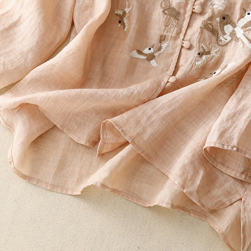 Buddha Stones Rundhals Casual Bluse Stickerei Langarmshirt Baumwolle Leinen Top Damen Shirts - image 3