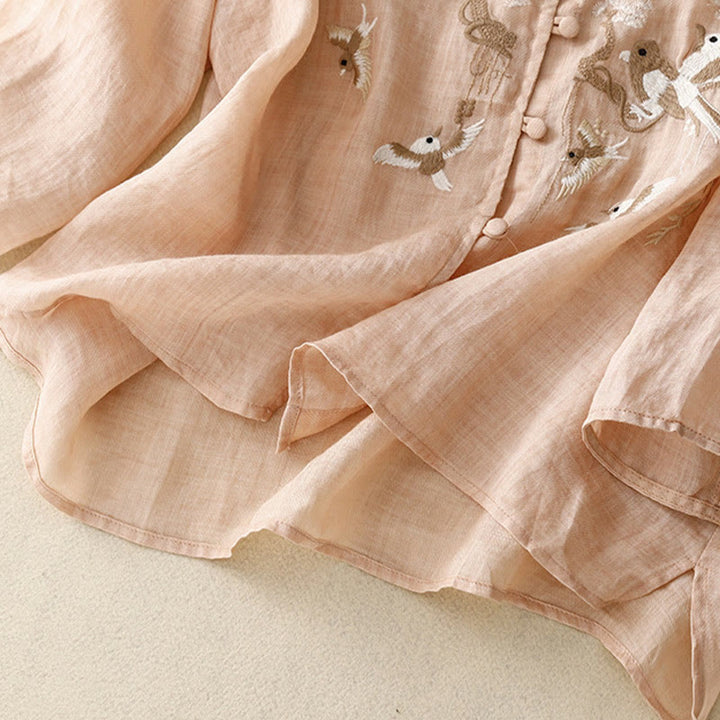 Buddha Stones Rundhals Casual Bluse Stickerei Langarmshirt Baumwolle Leinen Top Damen Shirts - image 3