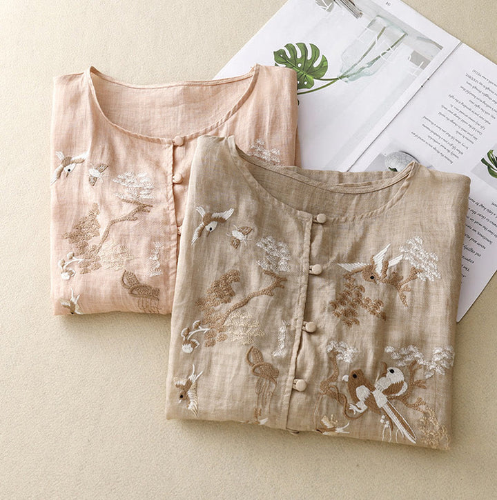 Buddha Stones Rundhals Casual Bluse Stickerei Langarmshirt Baumwolle Leinen Top Damen Shirts - image 18