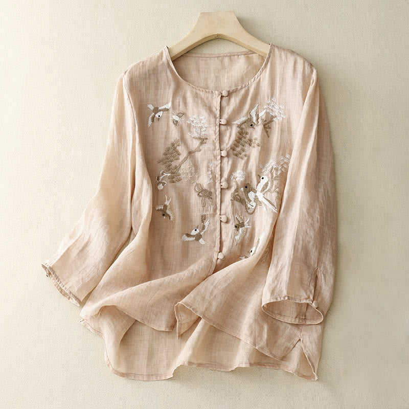 Buddha Stones Rundhals Casual Bluse Stickerei Langarmshirt Baumwolle Leinen Top Damen Shirts - Mokassin - US/ UK/AU40，EU50 (2XL) - image 0