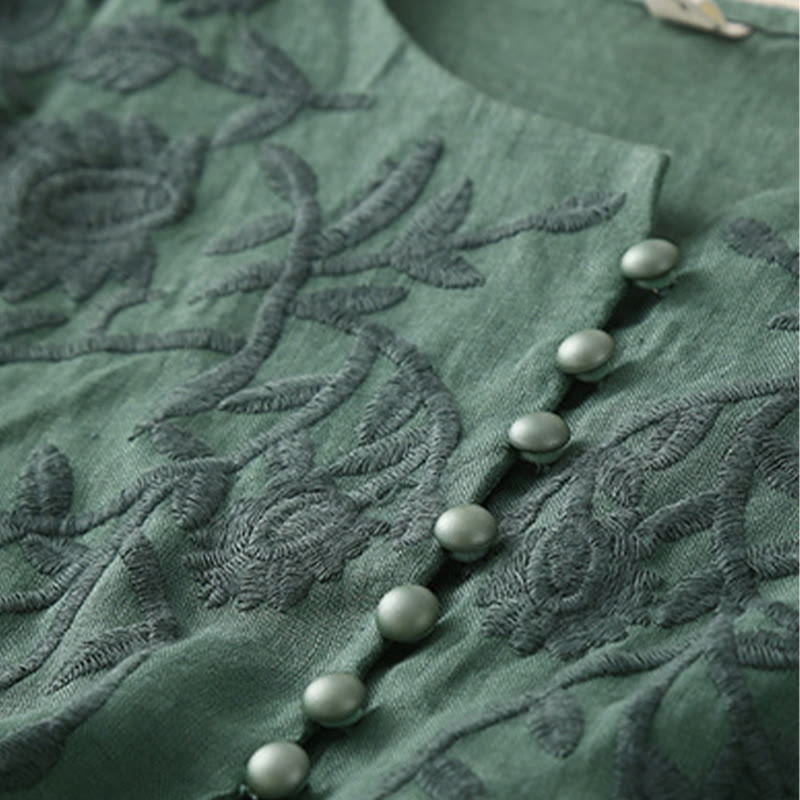 Buddha Stones Lässiges, besticktes Blumen-Rundhals-Oberteil aus Baumwolle und Leinen für Damen - image 26