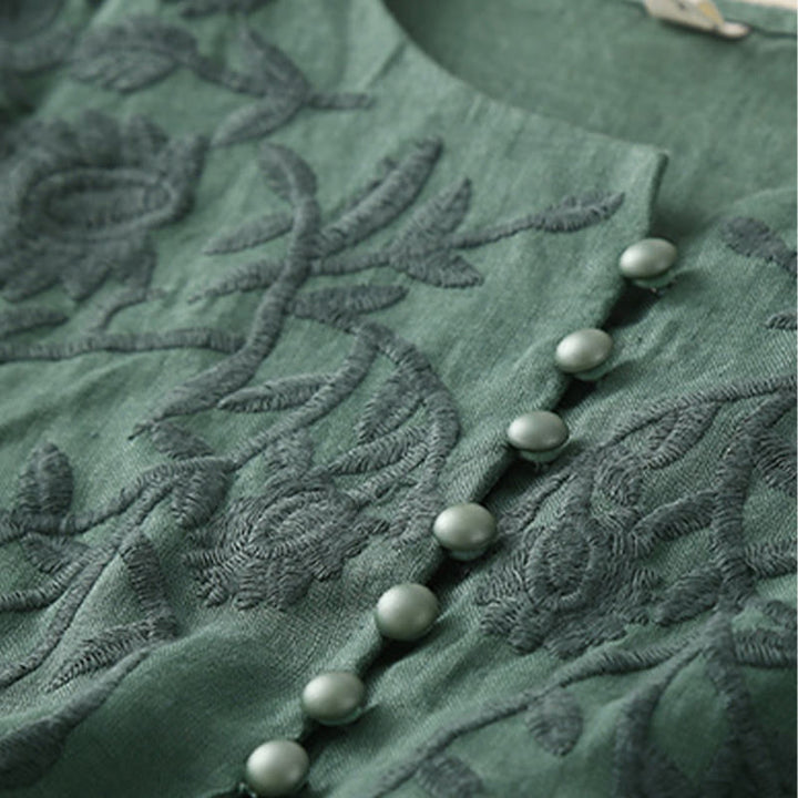 Buddha Stones Lässiges, besticktes Blumen-Rundhals-Oberteil aus Baumwolle und Leinen für Damen - image 26