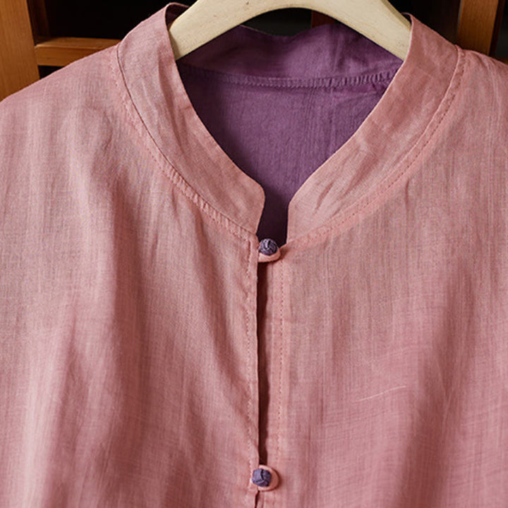 Buddha Stones PLUS SIZE V-Ausschnitt Lässiges einfarbiges Langarmhemd aus Baumwolle und Leinen für Damen - image 14
