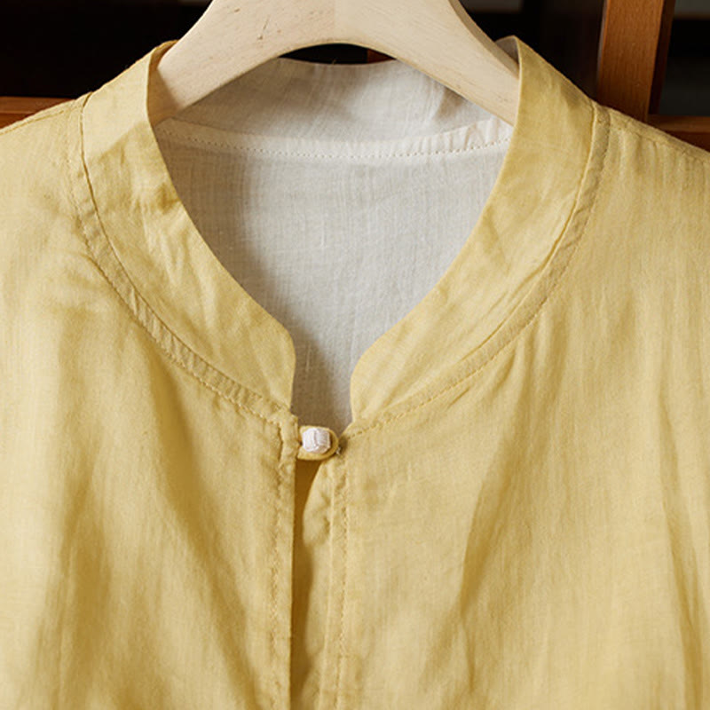 Buddha Stones PLUS SIZE V-Ausschnitt Lässiges einfarbiges Langarmhemd aus Baumwolle und Leinen für Damen - image 2