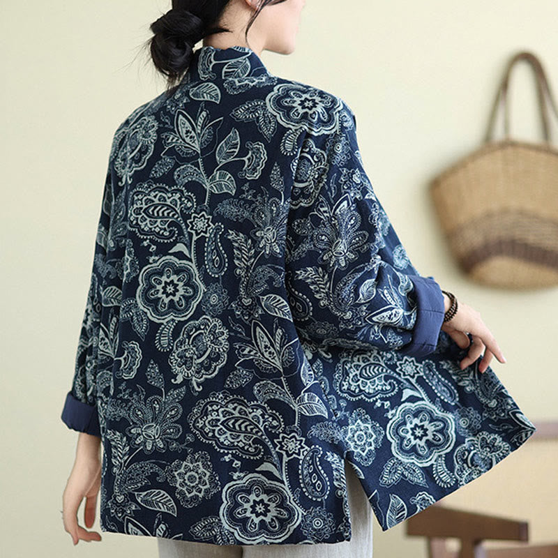 Buddha Stones Winter Blaue und weiße Blumen Warme Froschknopf-Design Langarm-Baumwolljacke