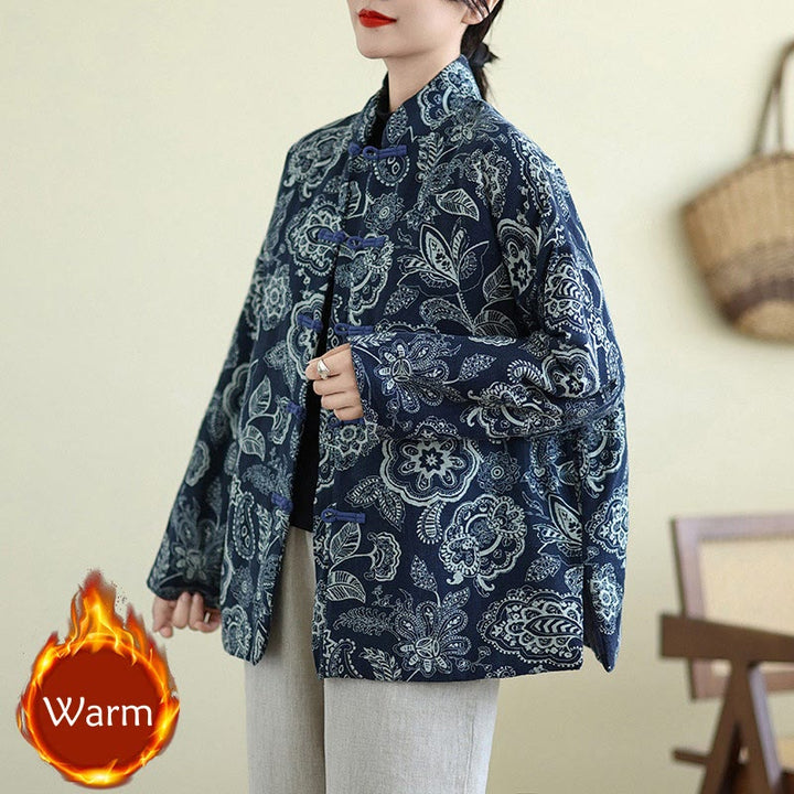 Buddha Stones Winter Blaue und weiße Blumen Warme Froschknopf-Design Langarm-Baumwolljacke