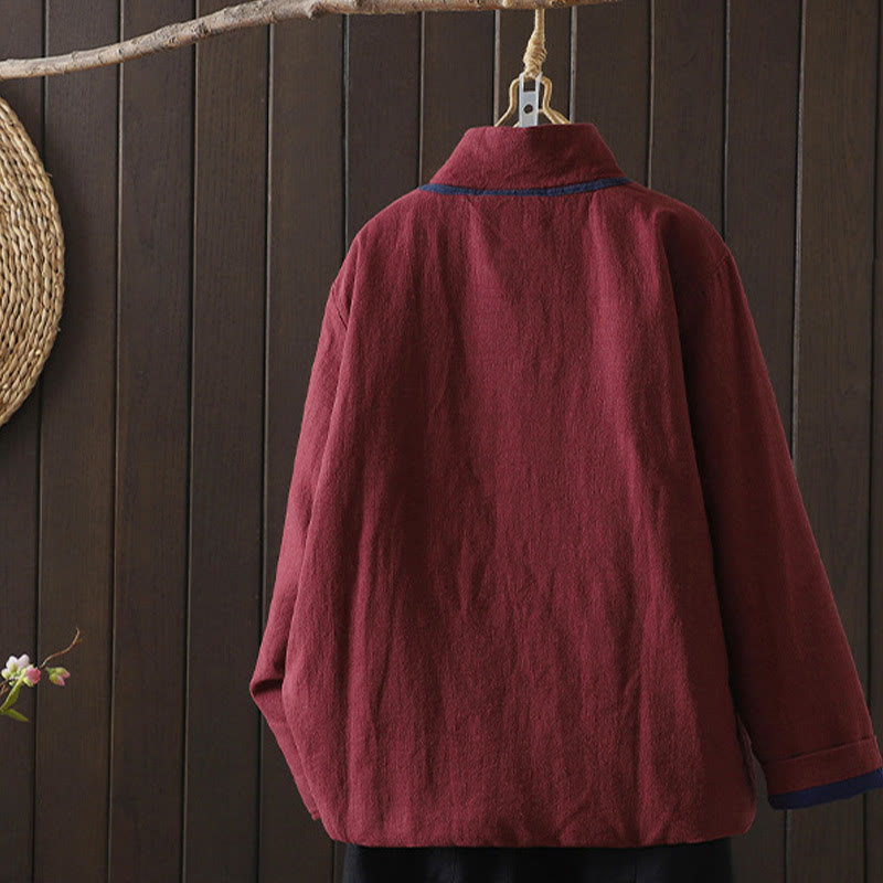 Buddha Stones einfarbige, lässige Rollkragenjacke mit Froschknopfverschluss aus Baumwoll-Leinen für Damen - image 1