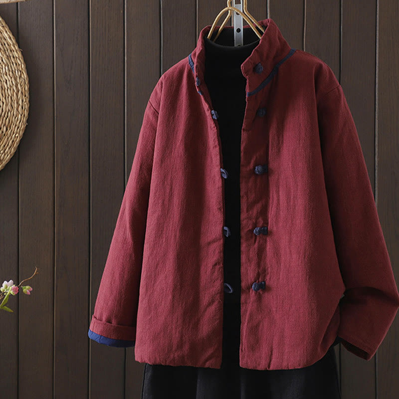 Buddha Stones einfarbige, lässige Rollkragenjacke mit Froschknopfverschluss aus Baumwoll-Leinen für Damen - Kastanienbraun - US 8-10, UK/AU 12-14, EU 40-42 (2XL) - image 0