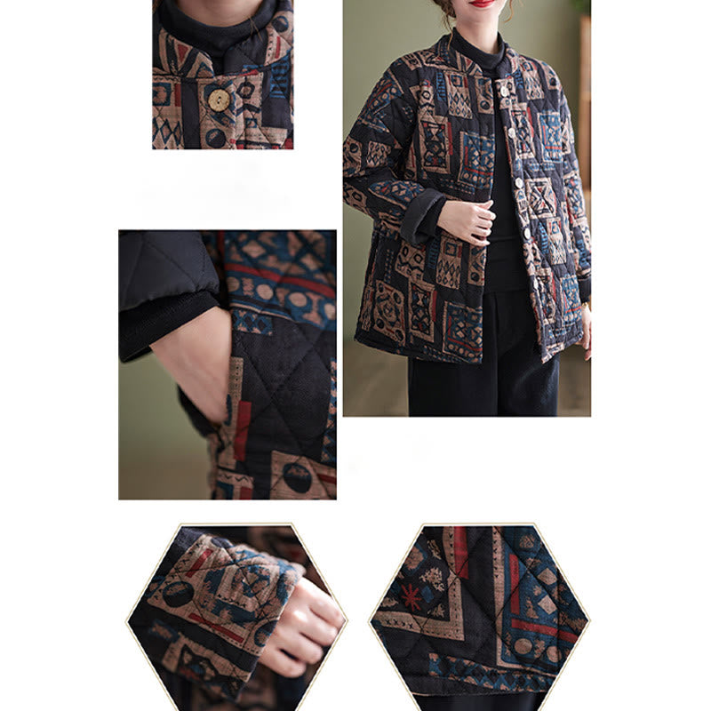 Buddha Stones Winter Square Plaid Warme Langarm-Baumwolljacke mit Taschen