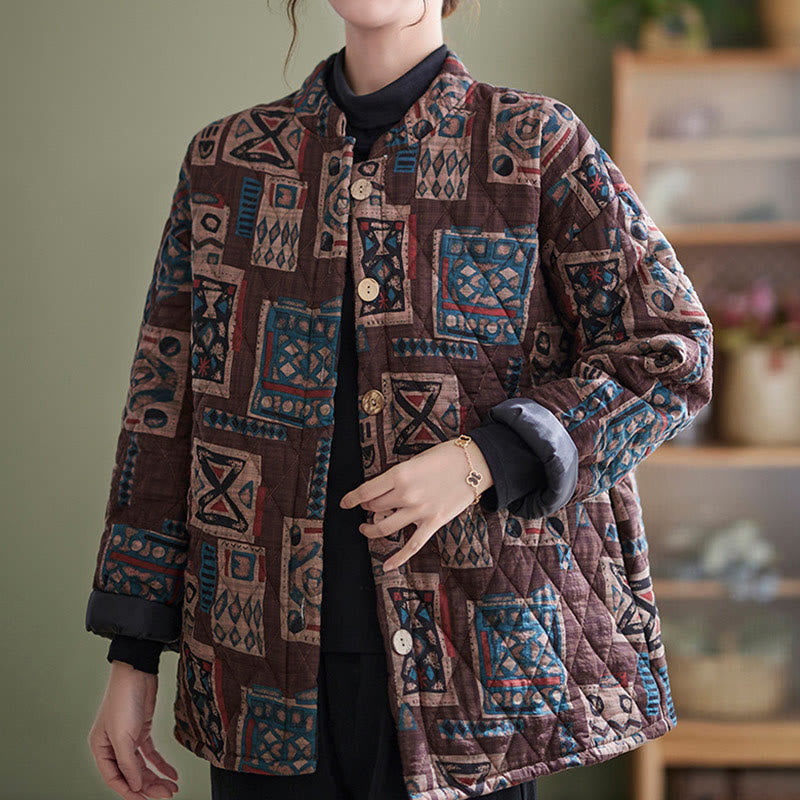 Buddha Stones Winter Square Plaid Warme Langarm-Baumwolljacke mit Taschen