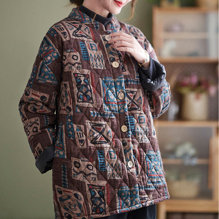 Buddha Stones Winter Square Plaid Warme Langarm-Baumwolljacke mit Taschen