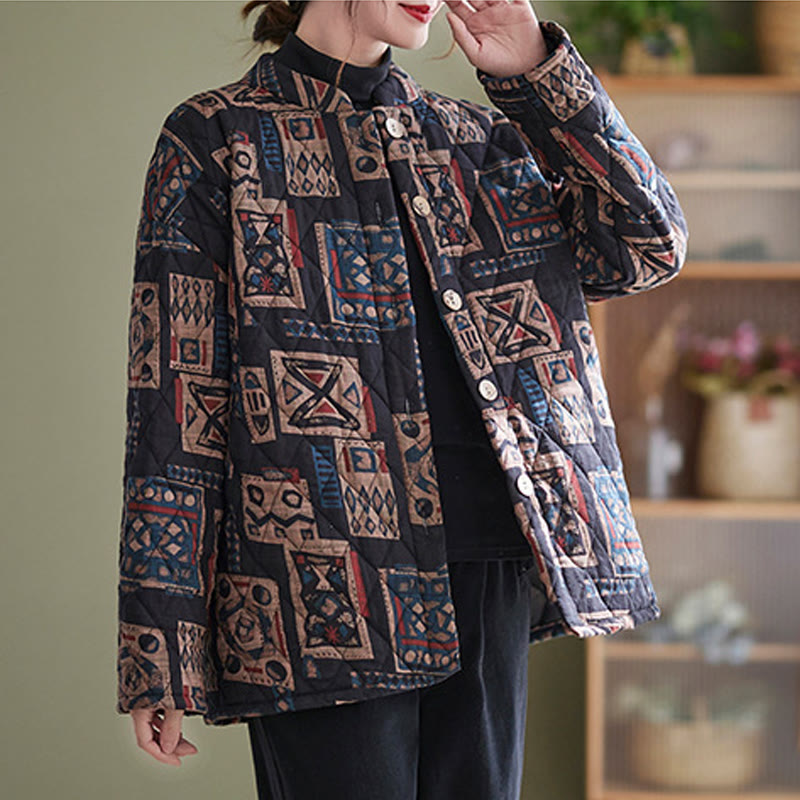 Buddha Stones Winter Square Plaid Warme Langarm-Baumwolljacke mit Taschen